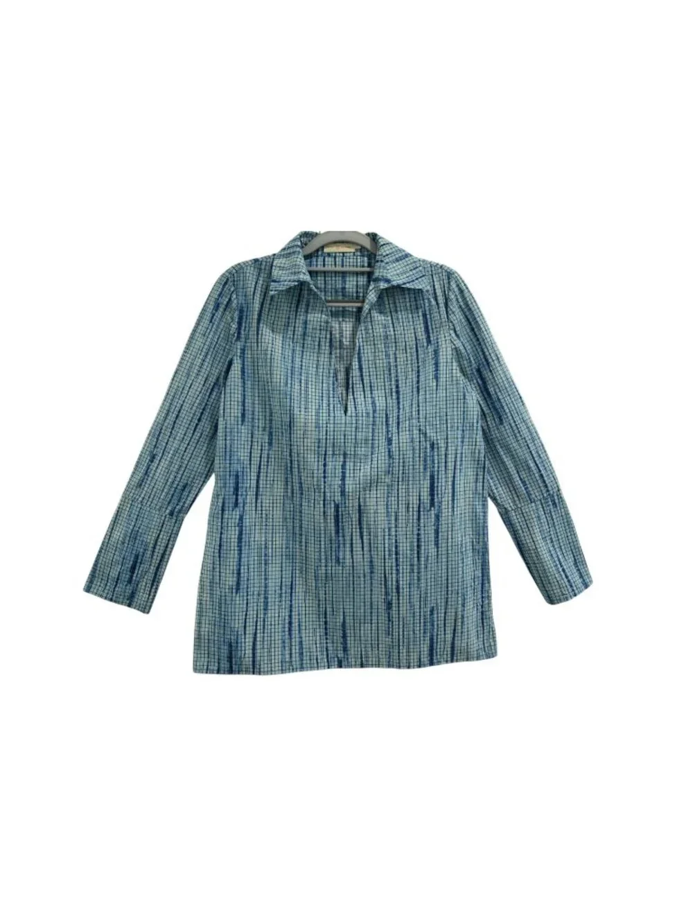 Tory Burch Collared V-Neck Blouse Sz 2 Blue Long Sleeve Printed Geometric Casual